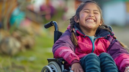 A young girl in a wheelchair is smiling and laughing, international children''s day