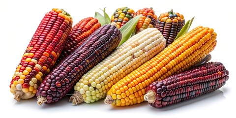 Vibrant corn cobs displayed against a clean white canvas