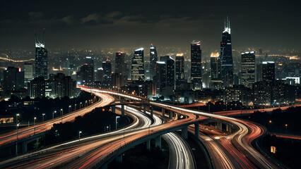 Fototapeta premium City Skyline with Busy Roads and Highways, An Extensive Network of Urban Transportation.