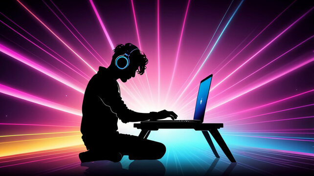 Silhouette of EDM DJ Performing with Laptop and Colorful Light Beams Radiating in the Background.