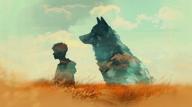 double exposure style, boy and wolf looking sideway, illustration style, simple detail, simple coloring, in a field, painting style, sky inside boy, field inside wolf, minimal, blurry color, flat