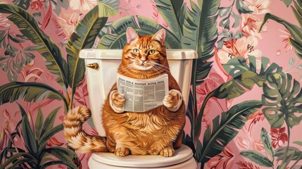 Yellow cat on Toilet Print, Animal on Toilet Funny Bathroom Wall Art, Tropical Pink Botanical Bathroom Humour Art Print, Animal Reading Newspaper