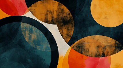 a colorful abstract painting featuring a circular object in the center, surrounded by a isolated background and a red circle on either side