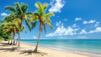 Tropical palm trees on sandy coastline with blue sky and white clouds. Perfect for nature and travel related contents.
