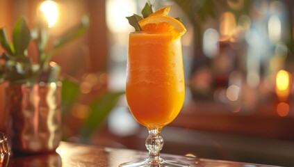 A vibrant citrus smoothie in an elegant glass