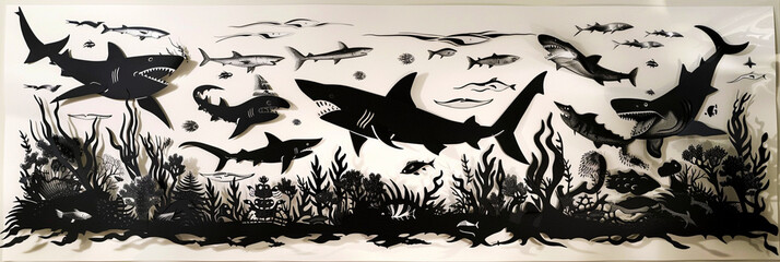 Underwater world of sharks and other animals created with cut-outs