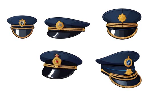 set collection of stylish navy ship military captain or high rank army general and police officer security guard hat in different colors, isolated on white png transparent background.