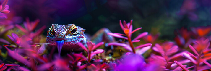 Fototapeta premium Closeup image of a lizard with bright purple flowers.