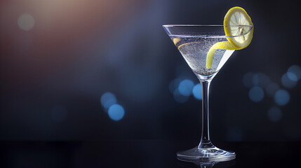 A photorealistic image of a martini glass with a lemon twist, highlighting the drink's refreshing appeal, photorealistic design, National Martini Day, with copy space - Powered by Adobe