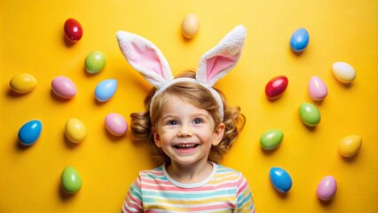 Funny happy child boy wearing bunny ears and surrounded by colorful Easter eggs on a yellow background , Easter, eggs, bunny, ears, holiday, celebration, cheerful, smiling, joyful, kid, cute