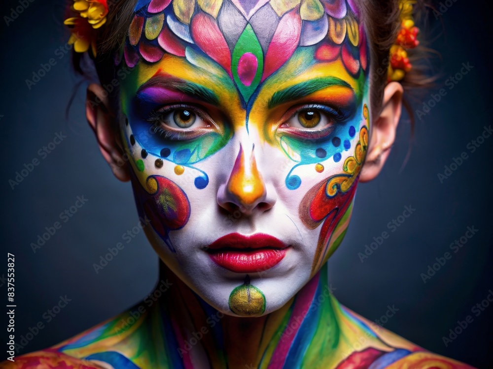 Wall mural Person with artistic face painting, face, paint, portrait, colorful, makeup, creativity, festival, mask, artistic, design, fantasy, culture, expression, whimsical, brush, unique, vibrant - Wall murals