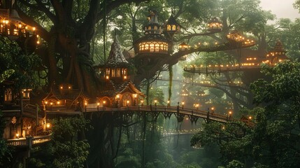 Elven city in a lush forest, with elegant treehouses and bridges