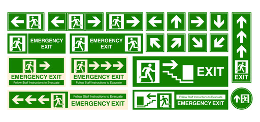 Emergency Exit sign set. Man running out with arrow. Emergency and fire exit sign and signage with instructions. Vector illustration.