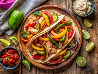 Top view of chicken fajitas with colorful veggies on a background, Mexican cuisine, food photography, dinner time, restaurant menu, delicious meal, grilled chicken, fresh ingredients, food styling