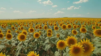 Obraz premium Close up picture of vibrant sunflower field under blue sky. Fit for nature and travel related contents.