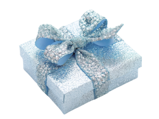 A beautifully wrapped silver gift box adorned with a sparkling blue ribbon, perfect for birthdays, holidays, and special occasions.