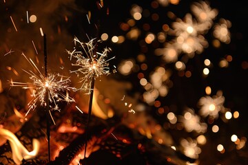 Close-up of sparkler fireworks at night, capturing the festive and magical atmosphere with sparkling lights and bokeh effect in the background.