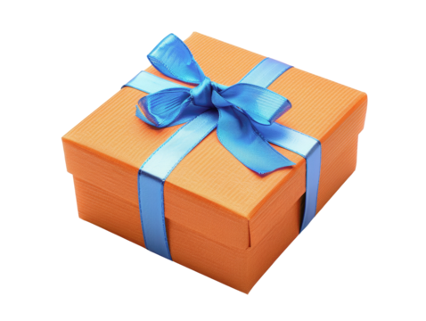 A beautifully wrapped orange gift box with a vibrant blue ribbon, perfect for birthdays, celebrations, and special occasions.