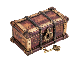Antique wooden treasure chest with ornate metal accents and a vintage key, isolated on a white background.