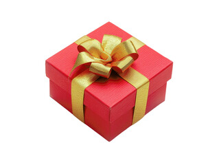 Obraz premium Beautifully wrapped red gift box with a golden ribbon bow, perfect for celebrations, birthdays, and special occasions. Isolated on white.