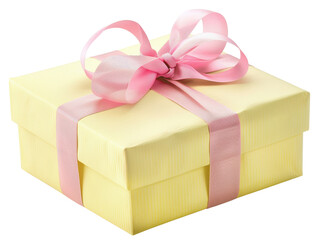 Obraz premium Beautifully wrapped yellow gift box with a pink ribbon bow, perfect for birthdays, celebrations, and special occasions.