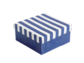 Blue and white striped gift box isolated on a white background, perfect for celebrations, presents, or storage purposes.