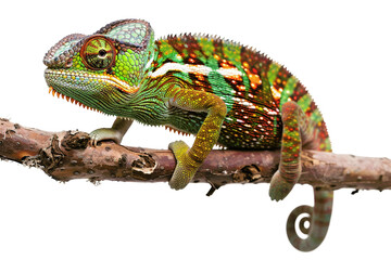 Naklejka premium Colorful chameleon perched on a branch, showcasing vibrant scales and natural camouflage abilities in a close-up view.