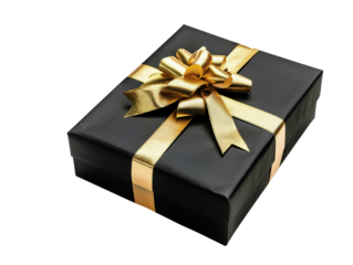 Elegant black gift box with a polished gold ribbon, perfect for celebrations, birthdays, and special occasions. Isolated on a white background.