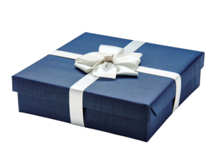Elegant blue gift box wrapped with white ribbon, ready for special occasion, birthday, or holiday celebration. Perfect for festive gifting.