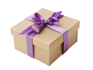 Elegant brown gift box with a purple ribbon bow, perfect for special occasions, celebrations, or as a thoughtful present.