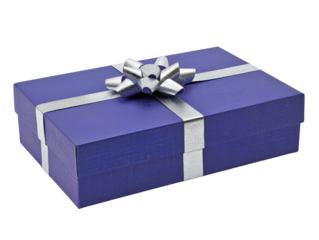 Elegant blue gift box with a silver ribbon and bow, perfect for special occasions, celebrations, and festive events.