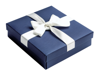 Elegant blue gift box with white ribbon, perfect for celebrations, birthdays, holidays, and special occasions.