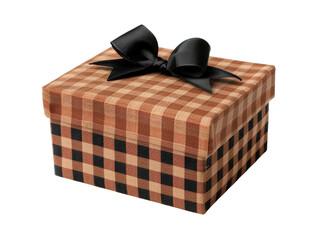 Elegant checkered gift box with black ribbon bow, perfect for special occasions and celebrations, isolated on a white background.