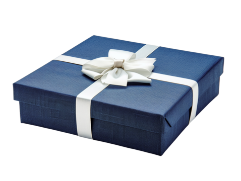 Elegant blue gift box wrapped with white ribbon, ready for special occasion, birthday, or holiday celebration. Perfect for festive gifting.