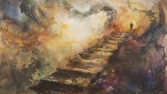 Jacobs ladder dream, watercolor, pastel earth tones, biblical scene
