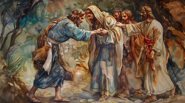 Jesus healing the blind man, watercolor, pastel earth tones, biblical scene