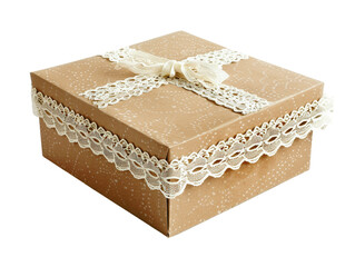 Elegant gift box wrapped in brown paper with delicate lace ribbon, perfect for special occasions, weddings, or birthdays.
