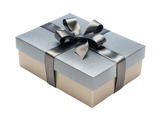 Elegant gift box wrapped in silver and gold with a black ribbon, perfect for special occasions like birthdays, weddings, and anniversaries.