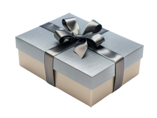 Elegant gift box wrapped in silver and gold with a black ribbon, perfect for special occasions like birthdays, weddings, and anniversaries.