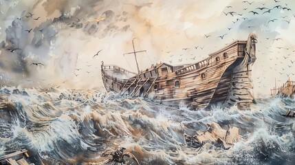 Noahs Ark in the flood, watercolor, pastel earth tones, biblical illustration