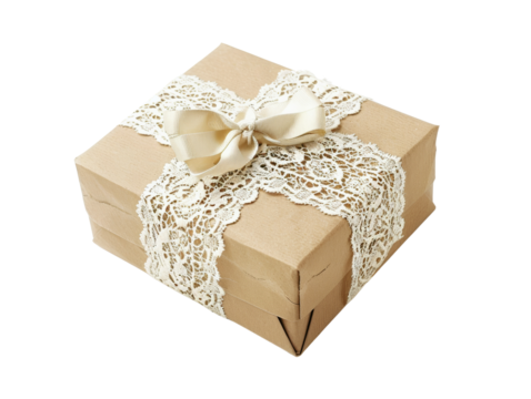 Elegant gift box wrapped in brown paper and white lace ribbon. Perfect for special occasions like weddings, birthdays, and celebrations.