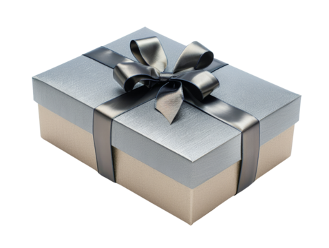 Elegant gift box wrapped in silver and gold with a black ribbon, perfect for special occasions like birthdays, weddings, and anniversaries.