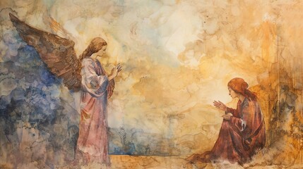 The angel Gabriel visiting Mary, watercolor, pastel earth tones, biblical scene