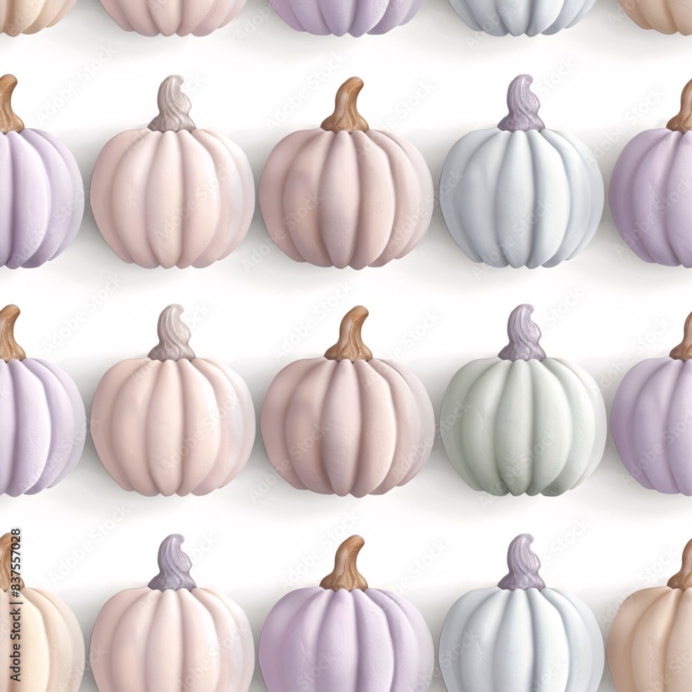 Poster a seamless pattern displaying pastel halloween pumpkins in a three-dimensional arrangement, perfectl