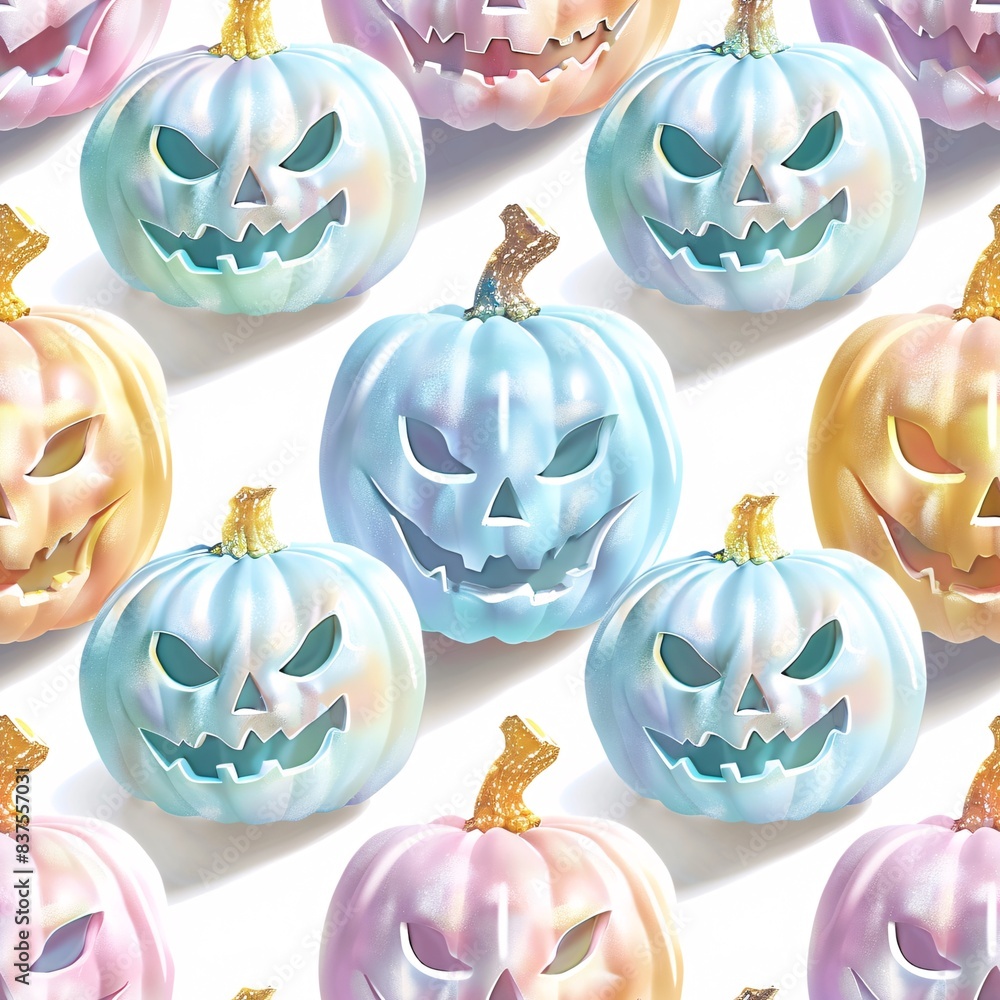 Poster A seamless pattern displaying pastel Halloween pumpkins in a three-dimensional arrangement, perfectly lined up in rows on a white background