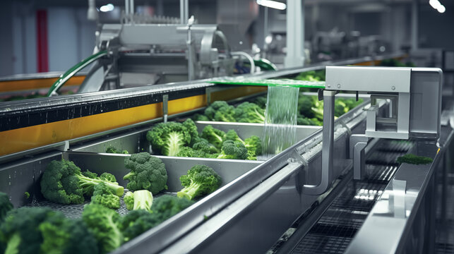 Vegetable washing machine process in modern factory, Food processing plant.