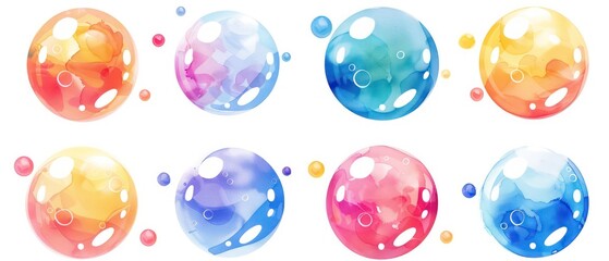 water bubbles bright colors collection watercolor illustrations, white background