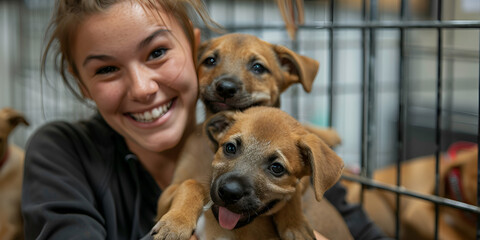 oyful Woman with Adorable Puppies at Animal Shelter: Heartwarming Moment of Pet Adoption, Smiling Young Woman Holding Two Happy Puppies: Celebrating Love and Care at the Shelter"