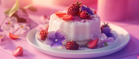 dessert modern cuisine, violet and pink palette, fruit and flowers, sitting on top of a white plate
