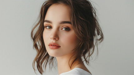 Fototapeta premium Young pretty lady with natural makeup posing touching her silky skin
